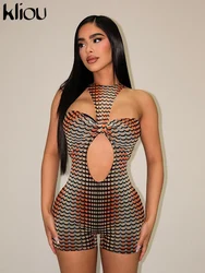 Kliou Polka Dot Gradient Print Playsuit Women Sexy Sleeveless Halter Hollow Out Skinny Romper Lady Stunning Streetwear One Piece