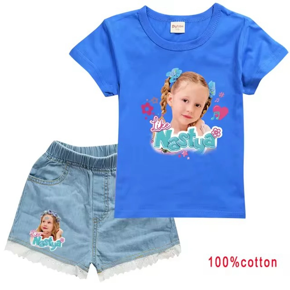 Like Nastya Show Clothes Toddler Girls Casual Outfits Boys Summer Clothing Kids Cotton T-shirts + Denim Shorts 2pcs Sets