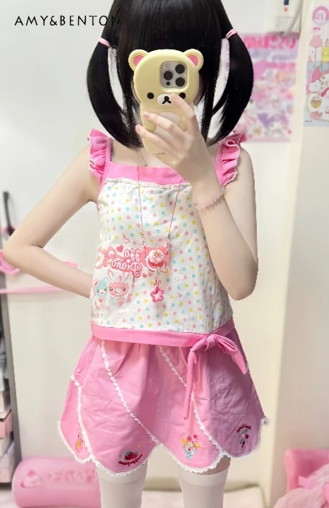 

Милый наряд для девочек, японские красочные топы в горошек с рюшами на бретельках, кружевные шорты с вышивкой в виде сердца, милые комплекты принцессы