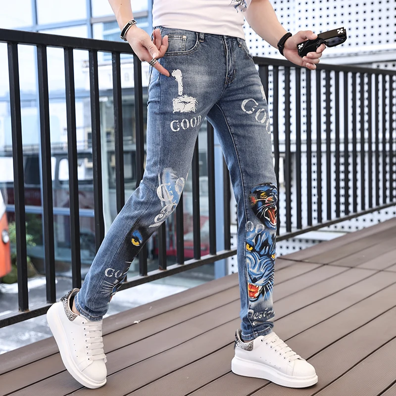 2024handsome menswear personalized printed jeans men's trendy slim fit skinny casual streetininternet celebrity long pants