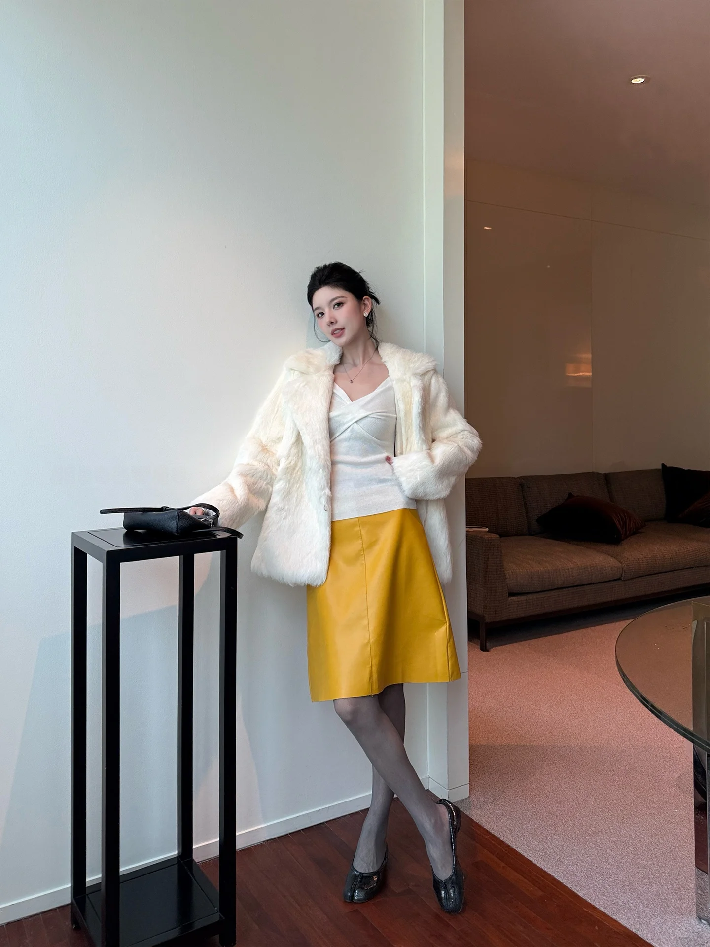 First Snow Rabbit Fur Jaet Women's Winter Coat Luxury Warmth Straight Cut Long Sve Button Closure White Leather Outerwear