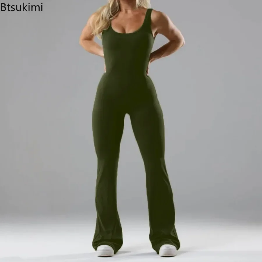 2024 Fashion Hollow Out Beauty Back Jumpsuits for Women Slim Flare Pants Sleeveless Rompers Running Fitness Yoga Bodysuits Femme