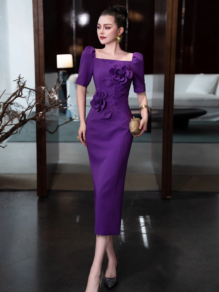Robe de soirée violette de tempérament français élégant, col carré, manches longues, fleur 3D, taille haute, Slim, enveloppée dans les hanches, longue robe pour femmes