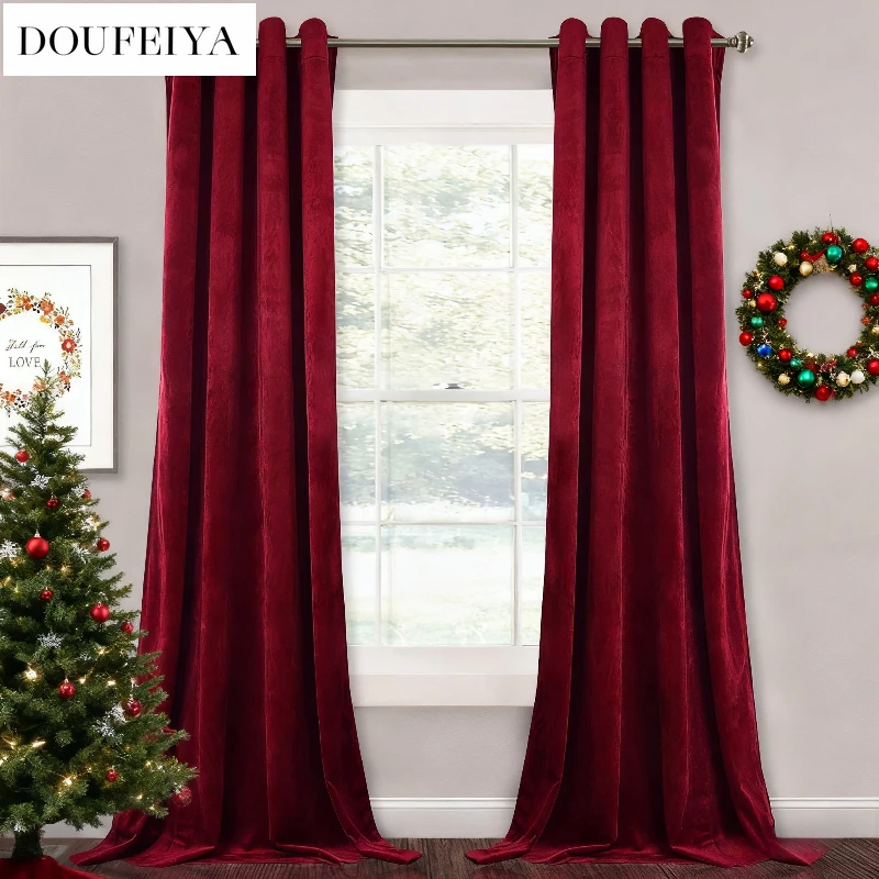 

Custom size！Christmas Burgund Velvet Curtains for Living Dining Room Bedroom Decorations White Tulle Blackout Green Luxury