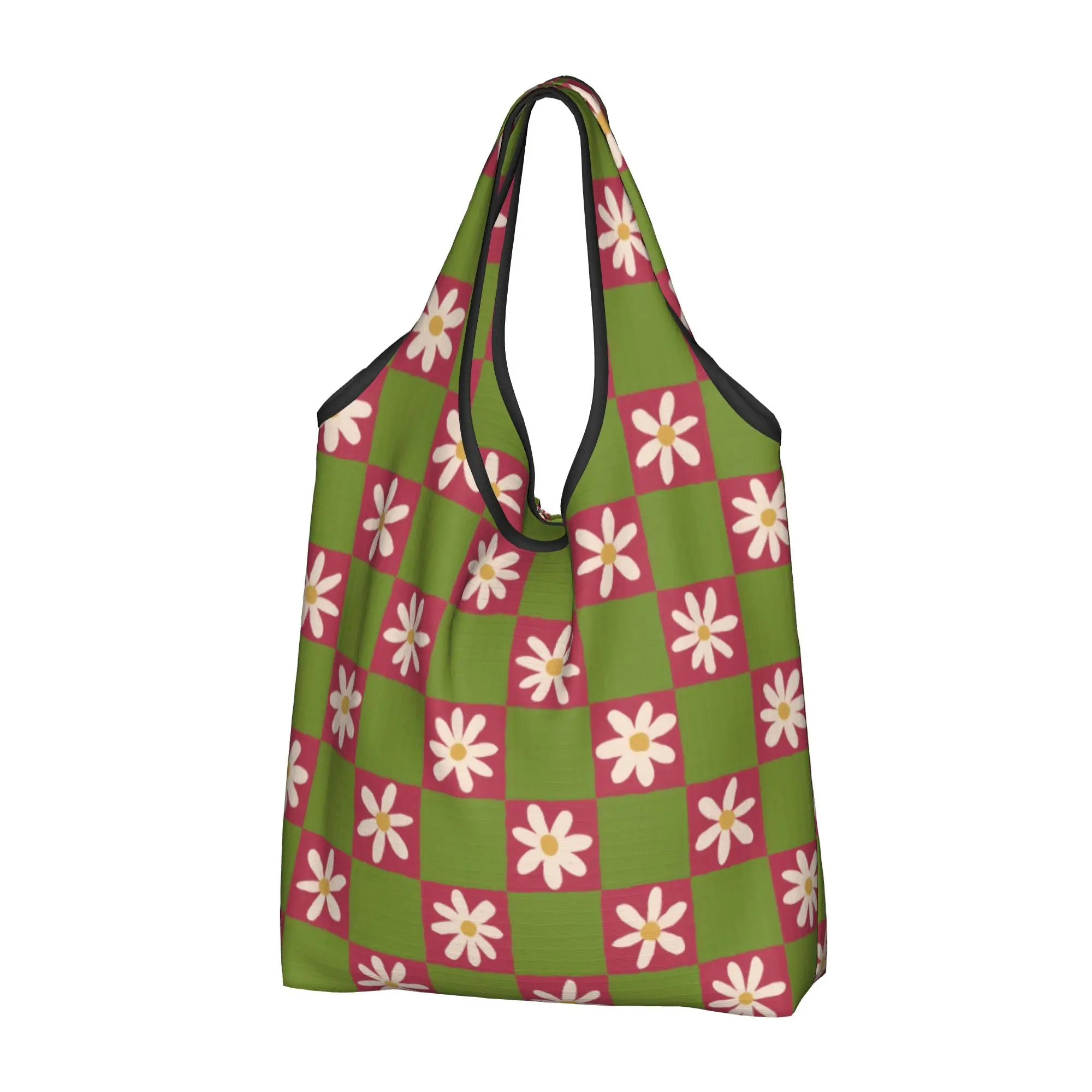 Daisy Watermelon  Grocery Tote Shopping Bag Women Fashion Checkerboard Flowers  Shoulder Shopper Bag Big Capacity Handbag