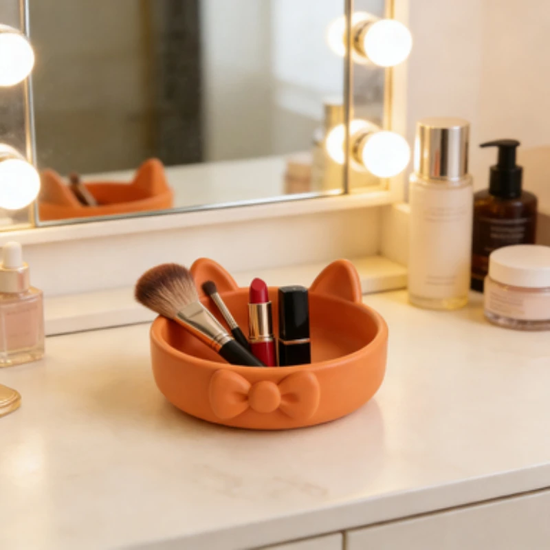 Kawaii Cat Bowknot Storage Tray Cute Jewelry Holder Decor Vanity Ring Earring Organizer Entryway Key  Small Items Storage Plate
