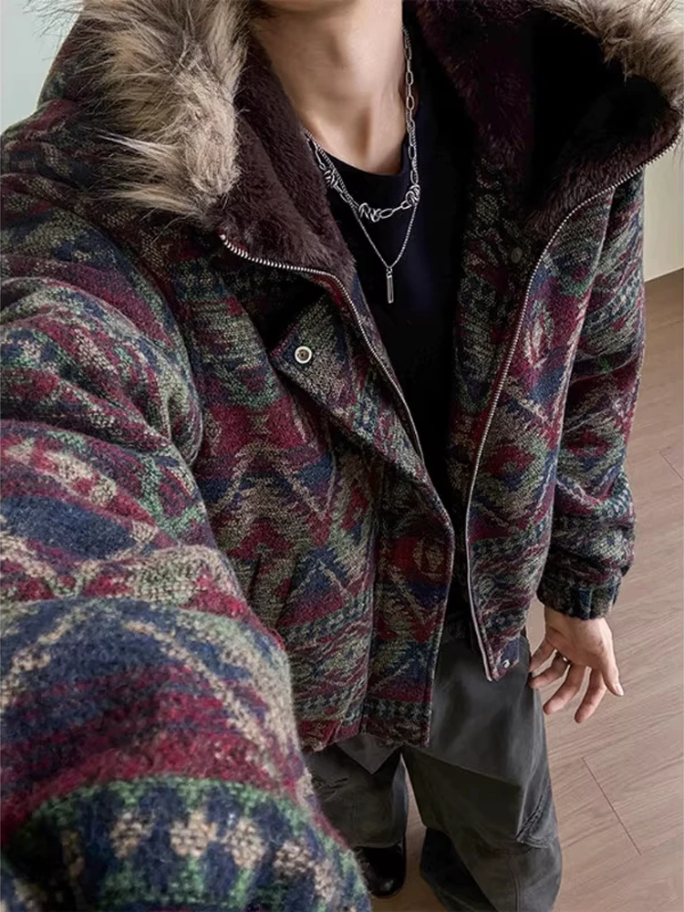 

Винтажное этническое мужское хлопковое тютинское зимнее пальто с капюшоном, большой меховой воротник, украшенное молнией, свободный крой, модное...