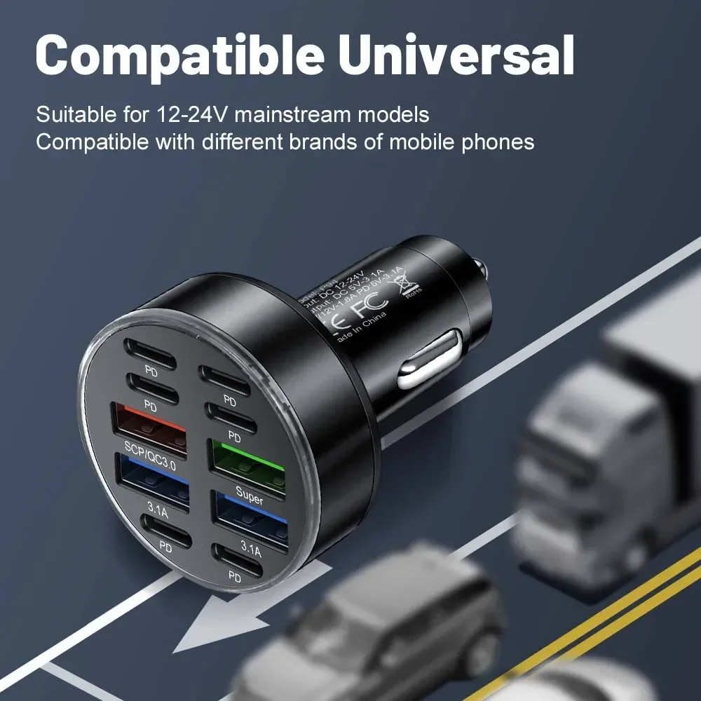 350 واط 10 منافذ شاحن سيارة شحن سريع PD QC3.0 USB C شاحن هاتف السيارة نوع C محول في السيارة آيفون سامسونج هواوي Xiaomi