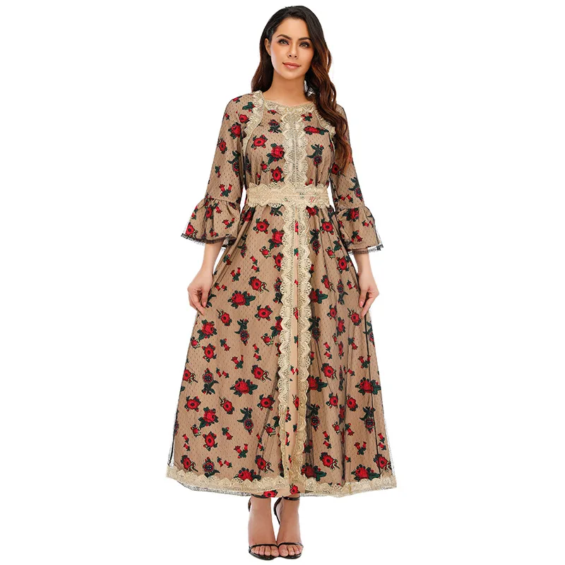 

Muslim Fashion Abaya Dress Eid Malaysia Dubai Muslim Women Printing Flower Fabric Classic Abaya Elegant Lace Dresses Robe