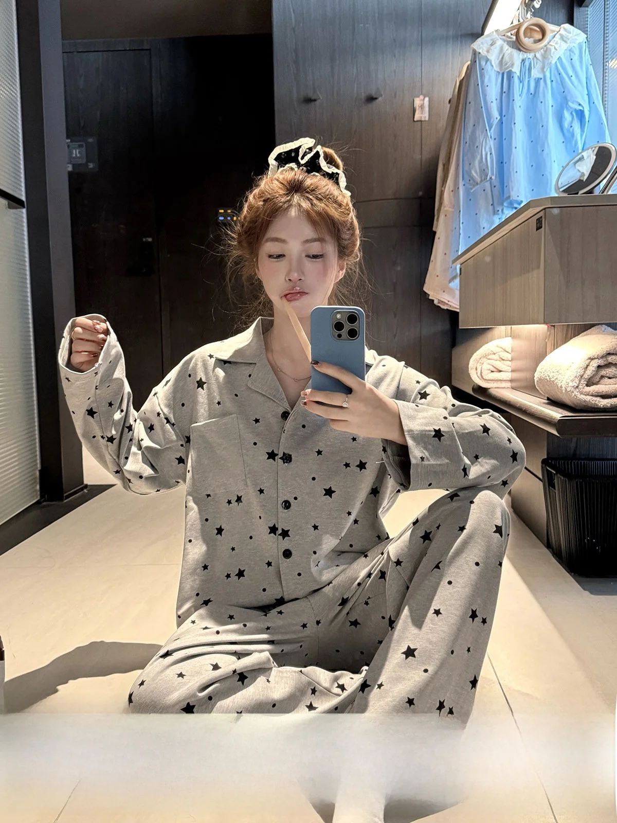 

JoyceBra Korean Sle Polka Dot Star Print Spwear Set Women's Casual Loose Fit Home Clothes Soft Skin-friendly Long Sve