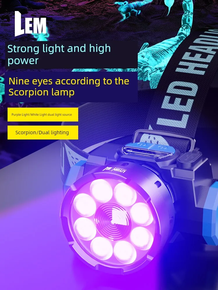 

Lem Scorpion Light, Новое поступление 2025, специальный сильный свет, мощный перезаряжаемый фиолетовый свет, налобный фонарь, долговечная гарнитура