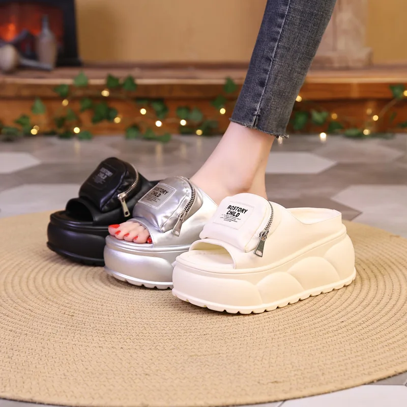 New platform mules slippers women's concise chunky slides shoes outdoor slippers woman silver zipper clogs ladies high slippers