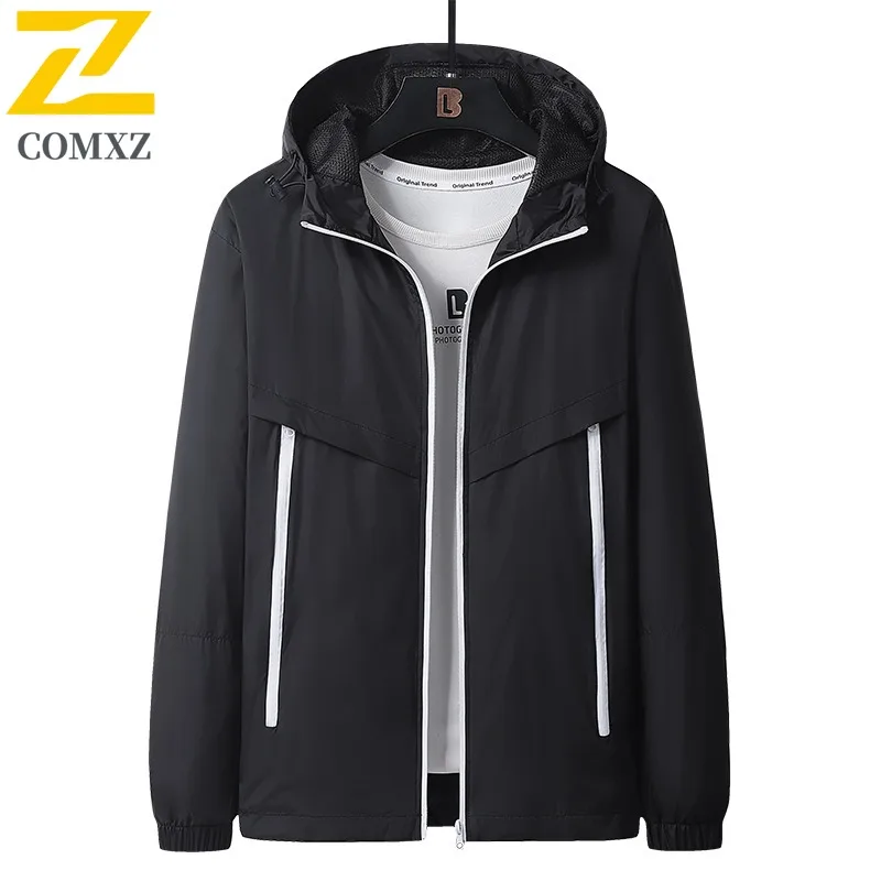 COMXZ Men Hooded Jacket Color Blocking Outdoor Adventure Hiking Camping Hunting Windbreaker Coat Autumn Adventure Techwear Coat