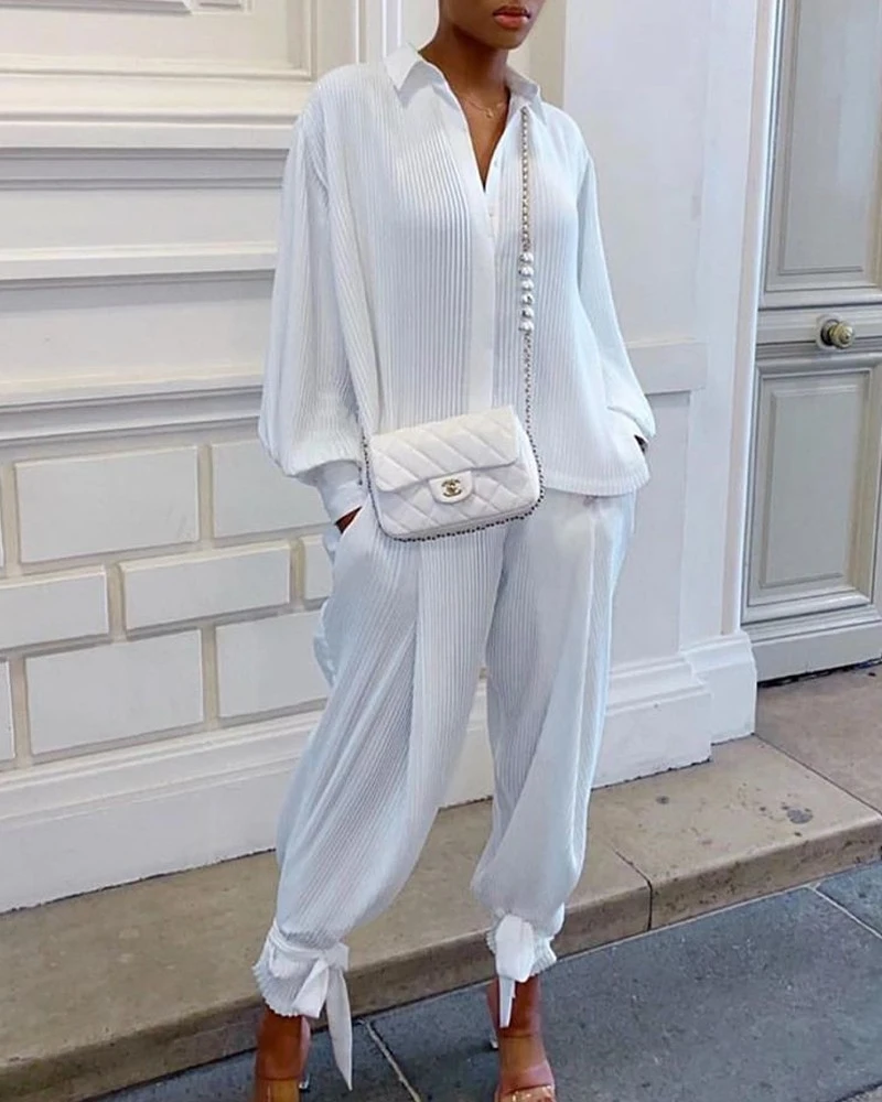Klassisches, solides Hemd-Hosen-Set für Damen, lässig, locker, langärmelig, Revers, elastische Taille, zweiteiliger Anzug, 2025, neues Sommer-Straßen-Outfit – Detail 8