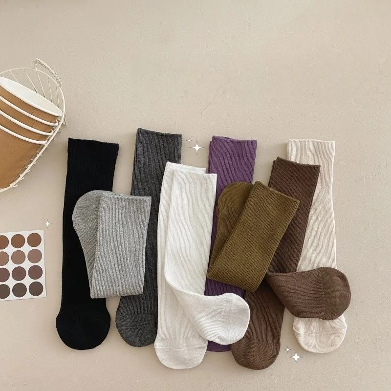 

3-10T Kids High Quality Mid Calf Socks Vertical Striped Children Cotton Breathable Sock Girls Boys Solid Color Stocking