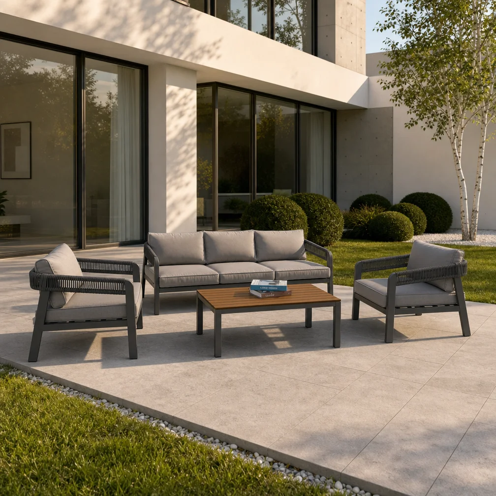 Charcoal Grey Outdoor Patio Furniture Set 4 Pcs 3 Seater Sofa 2 Armchairs Wood Top Coffee Table Metal Frame For Backyard Garden