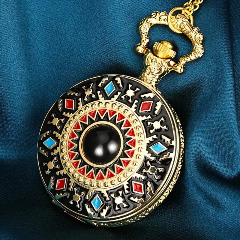 Luxury Gold American Southwest Cross Totem Pattern Oval Quartz Pocket Watch Relief Art Design Pendant Steampunk FOB Chain Clock