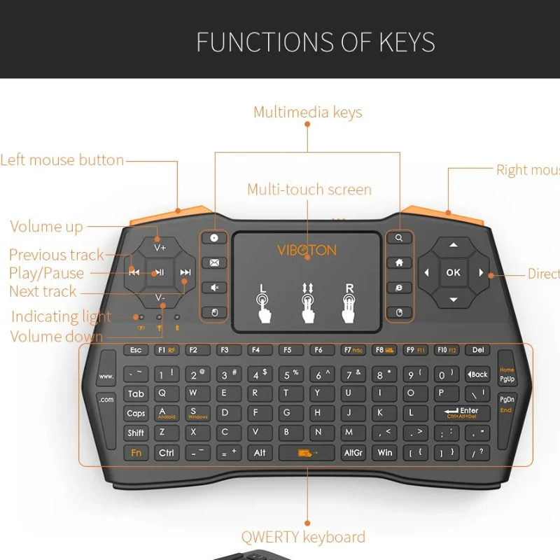 삼색 백라이트 무선 마우스 원격 제어 다기능 마우스 및 키보드, 미니 터치 무선, 2.4G