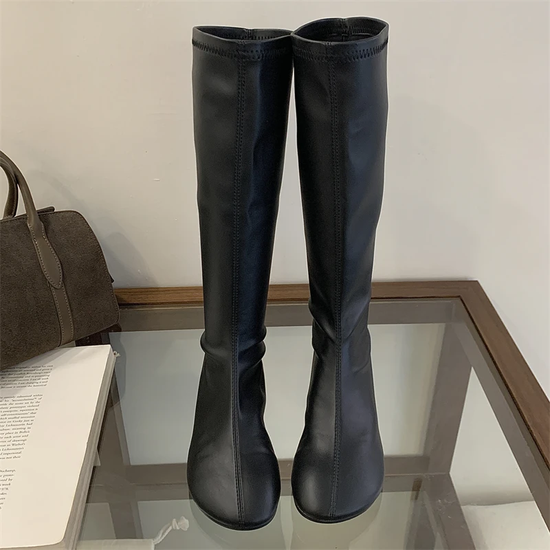 Botas Altas de Mujer con Punta Redonda de Cuero Suave, Estilo Urbano, Cómodas, Elásticas, Ligeras, de Diseño