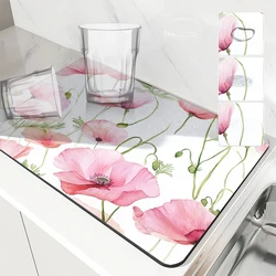 Large Kitchen Absorbent Mat Flowers Poppy Antiskid Draining Coffee Dish Drying Mat Quick Dry Bathroom Drain Pad Tableware Mat