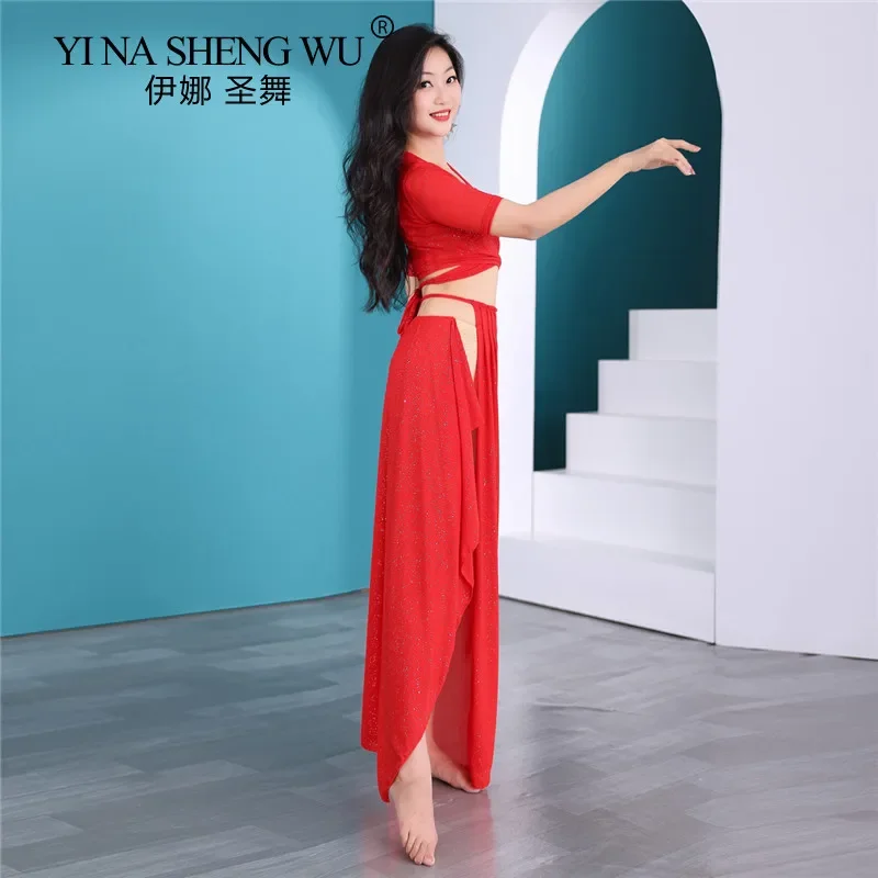 Belly Dance Top Women Elegant Training Suit Split Long Skirt Professional Performance Practice Outfit Adult