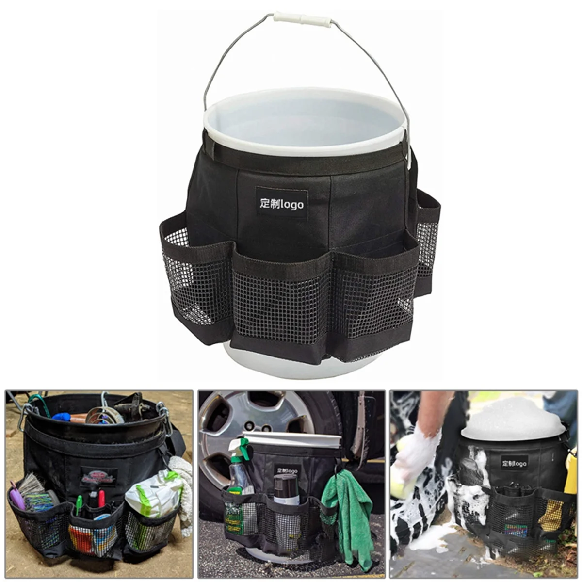 Bucket Storage Bag, Car Wash Bucket Carrier with Mesh Bag, 5 Gallon Cleaning Bucket for Cars, Gardening and Fishing Tool