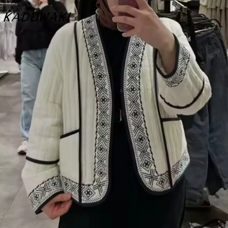 

KADUWAKI Vintage Women's Fashion Embroidered Open Stich Jackets V-Neck Long Sleeve Coats Harajuku Female Outerwear Chic Y2k Tops