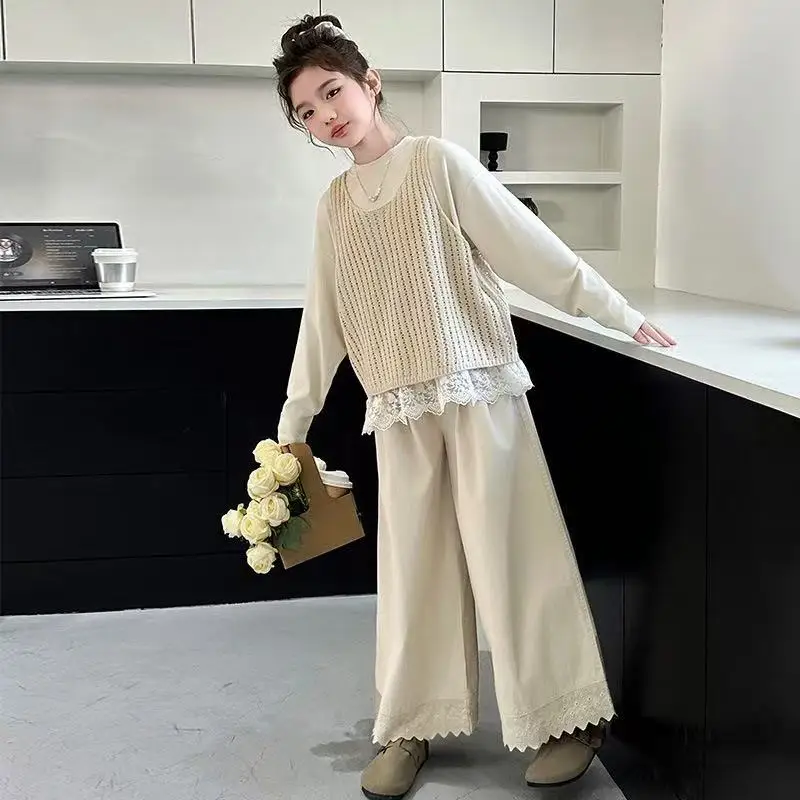 

Knitted Vest Lace Korean-style Three-piece Set Top Wide-leg Pants Three-Piece Girls's Sets Girl Long Sleeve Children's Clothing