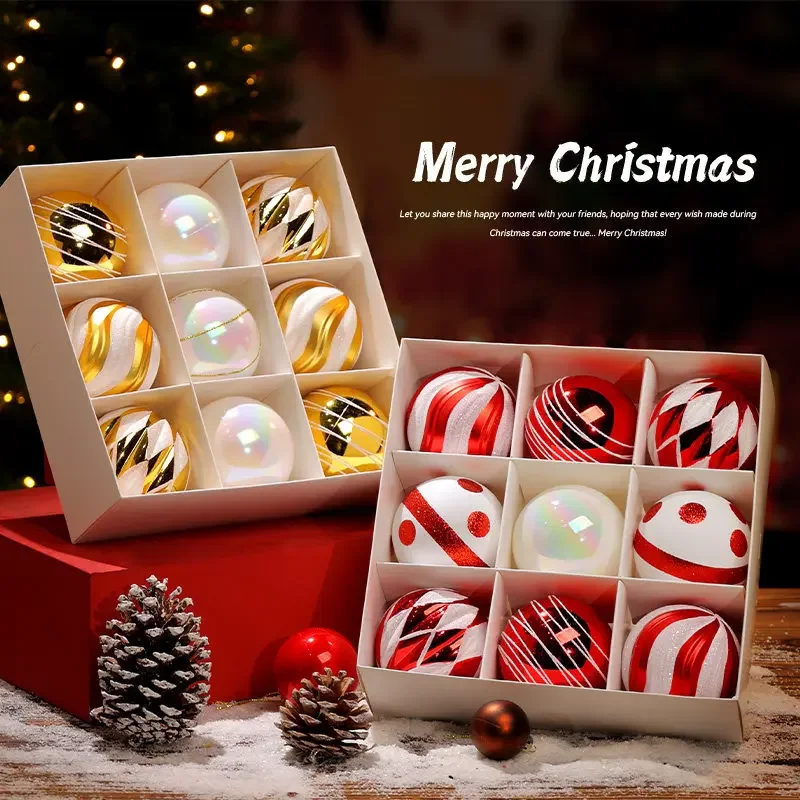 Festive 9 Pack 8cm Assorted Paint Design Christmas Balls Multi Tone Glossy Pendants For Indoor Xmas Tree DIY Dress Up Decoration