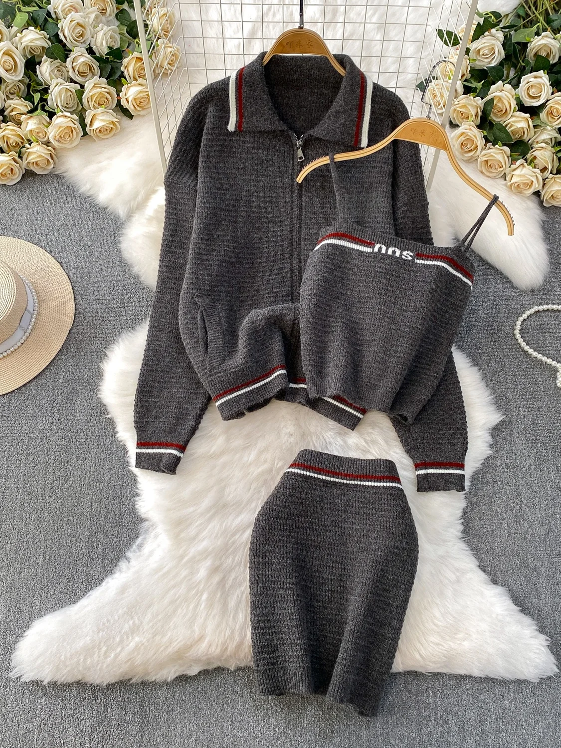 

Осень-зима, свободный вязаный полосатый воротник, базовая майка, юбка Pure Desire ort, комплект футболок, модный комплект для поездок на работу, женский...