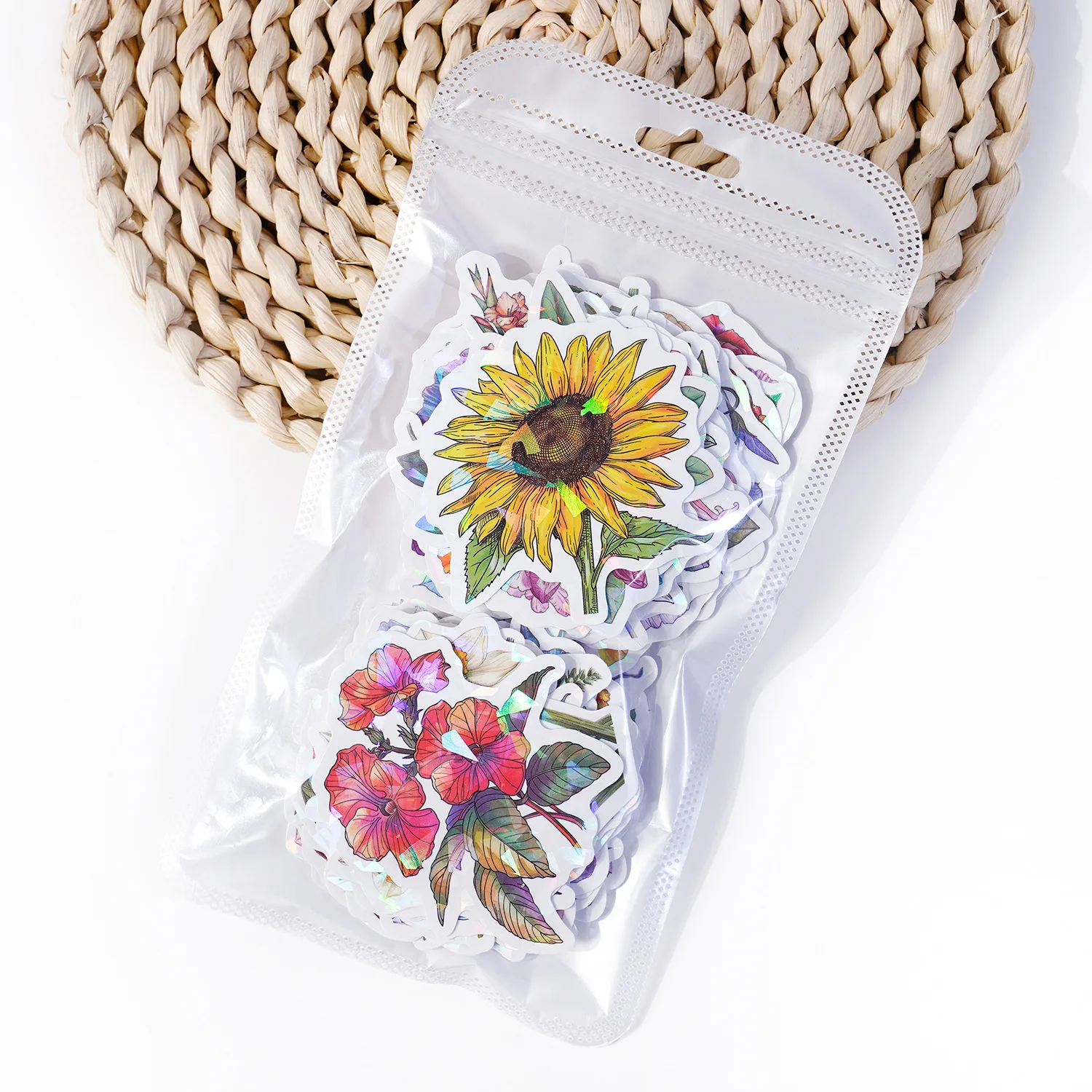 Laser Sparkle Floral Stickers Waterproof Vinyl for Phone Case Laptop Suitcase Stationery Decals Bulk Wholesale