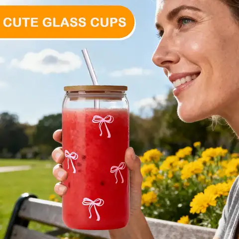 ढक्कन और स्ट्रॉ के साथ प्यारा धनुषाकार ग्लास कप 500ml, कॉकटेल, माचा, बोबा चाय, लड़कियों और महिलाओं के लिए उपहार के लिए सुंदर आइस्ड कॉफी टम्बलर 6 best sales बोबो कप - №5