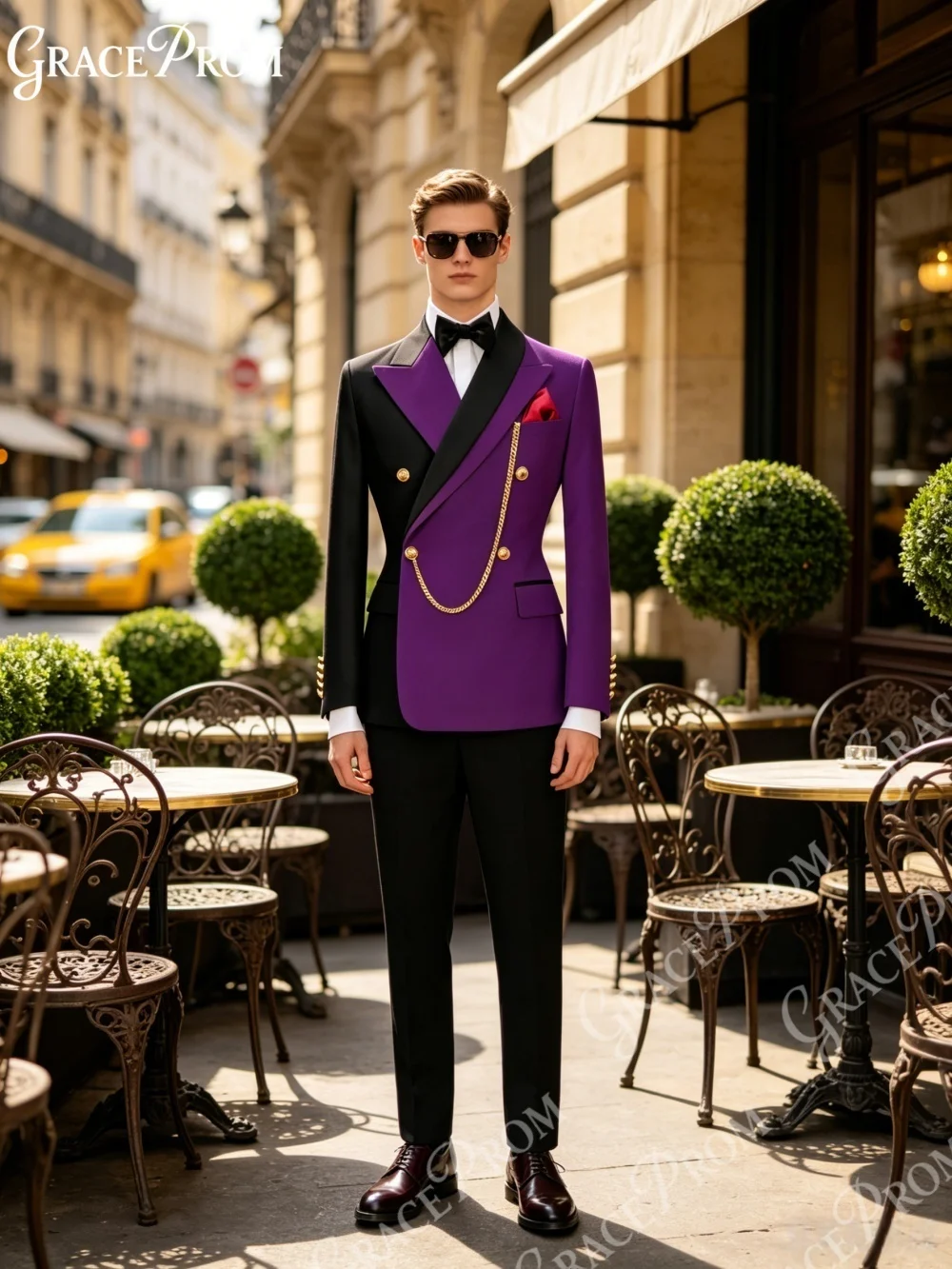 Fashion Men Contrast Purple Black Double Breasted Tuxedo Suit 2PCS Satin Lapel Gold Chain Buttons Wedding Groom Blazer Pants Set