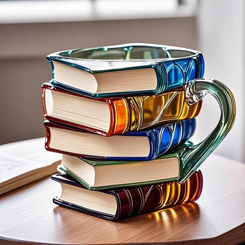 رائجة البيع رسمت كتاب القدح 11 أوقية الجدة ثلاثية الأبعاد رسمت الكتب القهوة القدح فريدة من نوعها الملونة الراتنج الكتب كومة فنجان القهوة جمع الهدايا