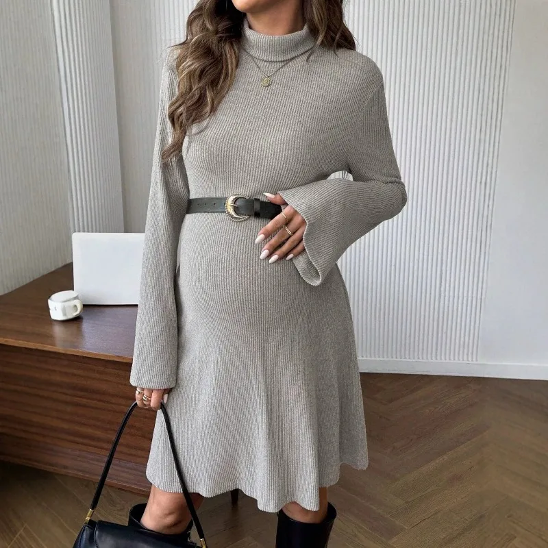 Pregnant Women Turtleneck Knit Dress Autumn Winter Maternity Ribbed Flare Sleeve Slim Fit Casual A-line Pregnancy Dresses