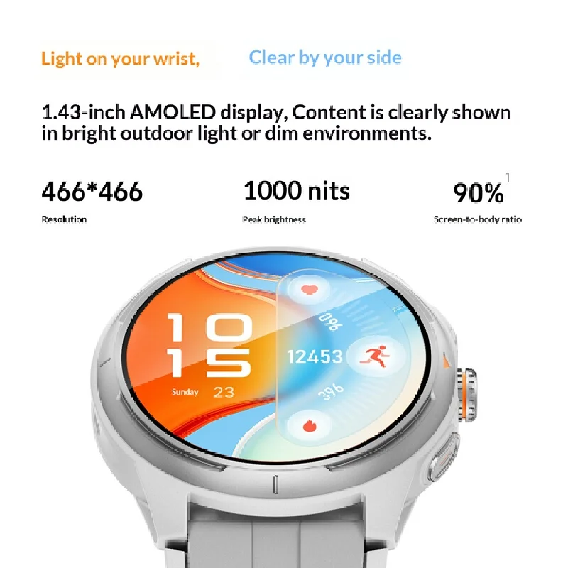 Outdoor Sports Wearable Watch 1.43'' Amoled Display 1000 Nits Heart Rate Blood Oxygen Monitor 100 Sports Modes Fitness Tracker