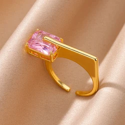 Pink Square Zircon Rings For Women Gold Color Open Engagement Wedding Ring Female Fashion Finger Jewelry Gift 2024 New Trend