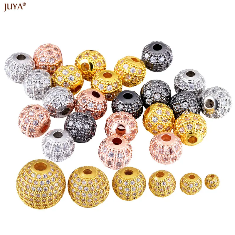 JUYA Copper Zircon Spacer Bead 4 6 8 10 12 14 16 18mm Loose Beads For DIY Needlework Jewelry Making Supplies Accessories