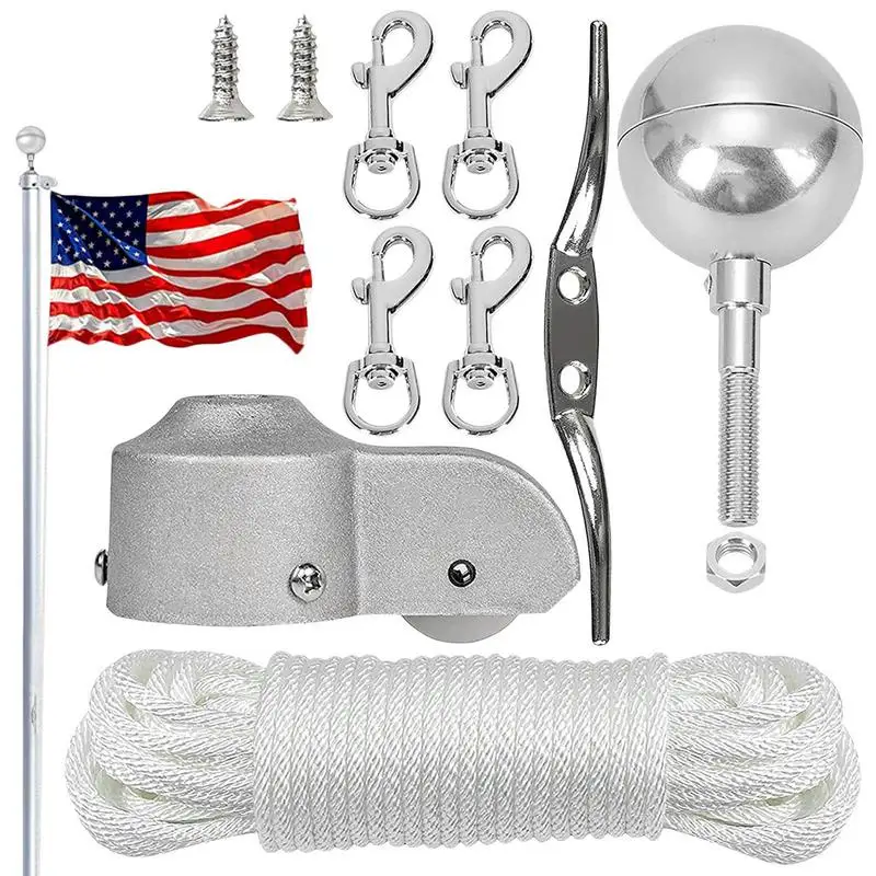 Flagpole Hardware Repair Parts Kit 50inch Halyard Rope Gold Ball 4PCS Swivel Snap Clips 6in Cleats for 2inch Flag Poles Top