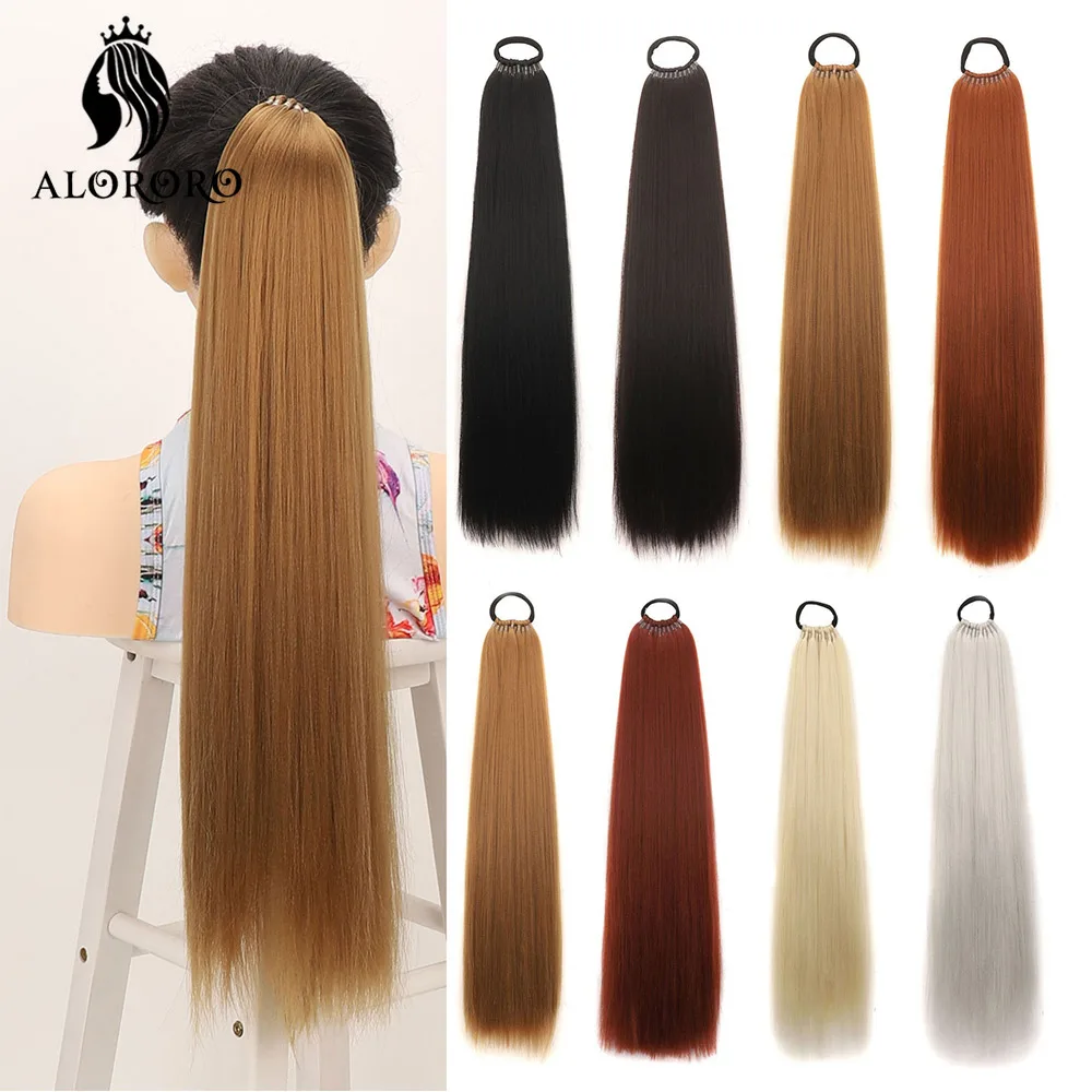 

24 Inch Synthetic Ponytail Extensions Rubber Band Hair Braided Pony Tail Hairpiece Long Straight Blonde Hairstyle For Womem