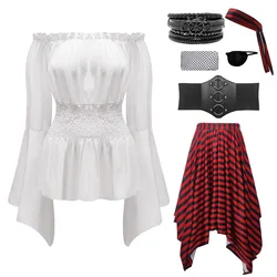 Caribbean Women Pirates Cosplay Costume Tops Skirt Bracelet Patch Scarf Slik Stockings Girdle Full Set Halloween Carnival Party