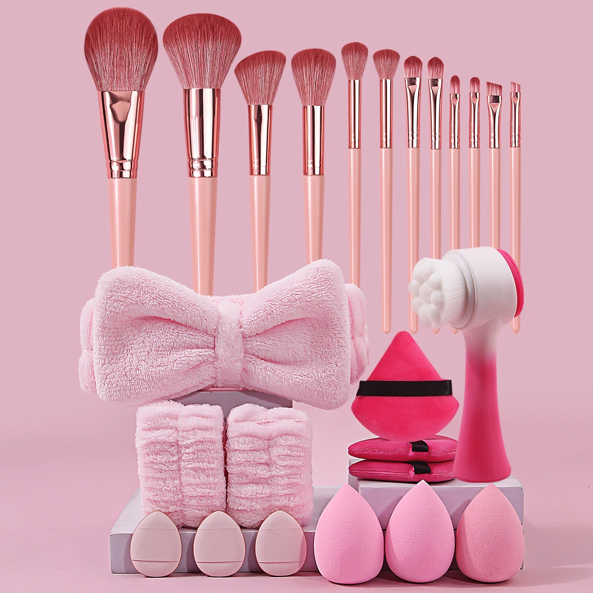 25 ชิ้นชุดเครื่องมือแต่งหน้า 21 ชิ้นรองพื้นคอนซีลเลอร์อายแชโดว์แปรงแต่งหน้าเครื่องสําอางแต่งหน้าฟองน้ํา + 4 ชิ้นชุดทําความสะอาดผิวหน้า