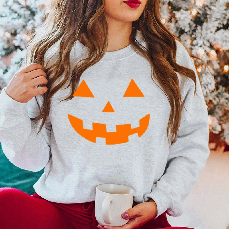 Pompoen Smile Gezicht Bedrukt Dames Sweatshirt Met Ronde Hals Thanksgiving Trui Halloween Grafische Hoodies Zwart Wit Pullover Femme