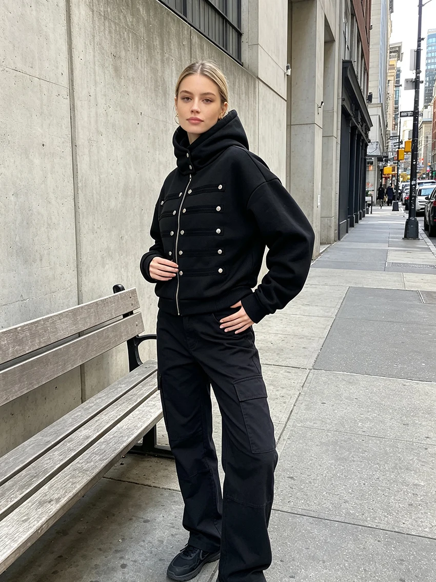 Trendy Streetwear Women Cropped Zip Hoodie High Neck Hood Multi Horizontal Rivet Strap Decor Oversized Loose Fall Winter Jackets