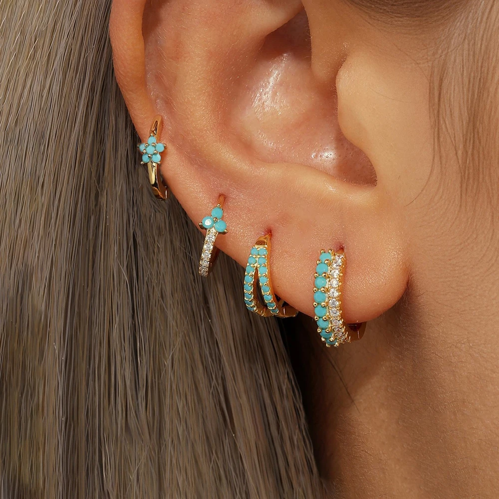 4PCS Blue Zircon Flower Earrings Set For Women 14K Gold Plated Double Row Little Crystal Huggie Hoop Earring Piercing Jewelry