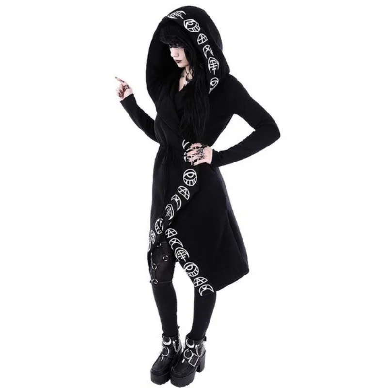 Gothic Punk Long Hoodies Women Sweatshirts 2023 Halloween Moon Print Long Sleeve Streetwear Women\'s Loose Coat Hooded Cardigan