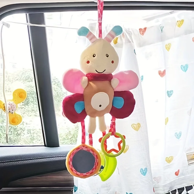 Jouet suspendu au lit de lapin de dessin animé de pâques mignon avec anneau de dentition, sonnerie et poupée miroir amusante – Parfait pour les enfants de 0 à 3 ans!