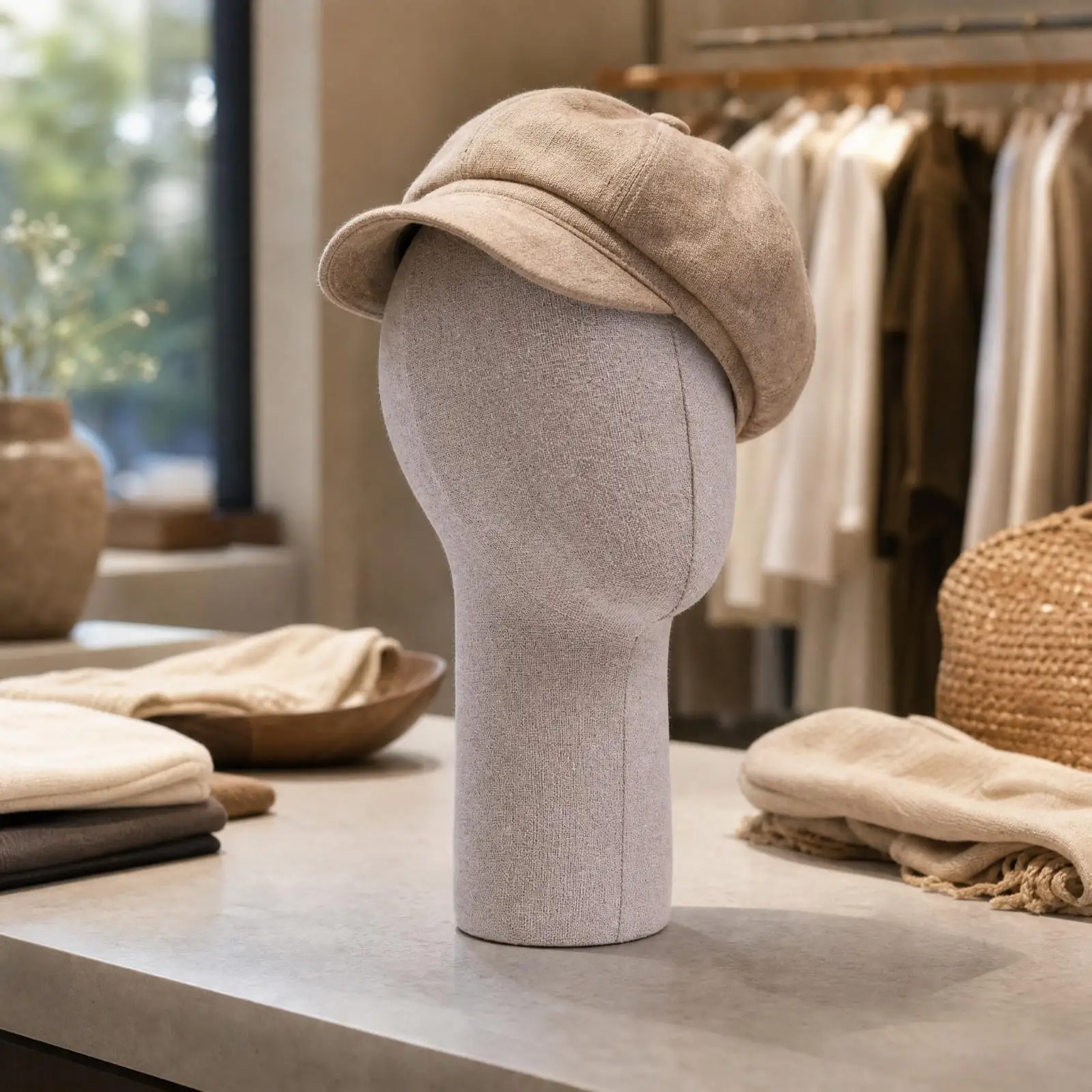 Display Stand for Hat Showcase with Linen Fiberglass Head Form for Accessory Jewelry Glasses Storage
