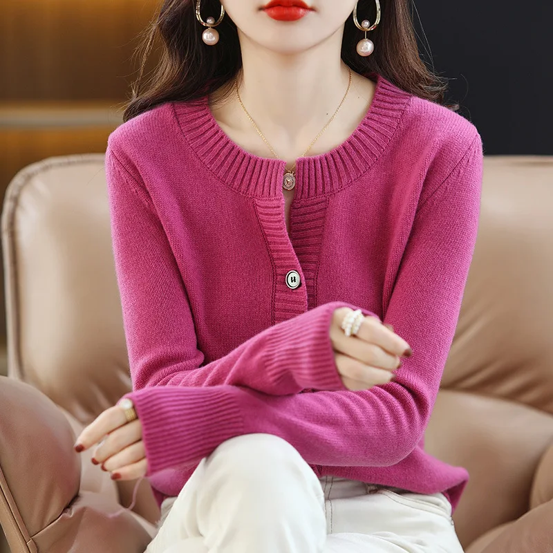 

Autumn Winter New Women's Clothing Round Neck Short Solid Color Loose Base Knitted Long-Sleeved Cardigan Jacket