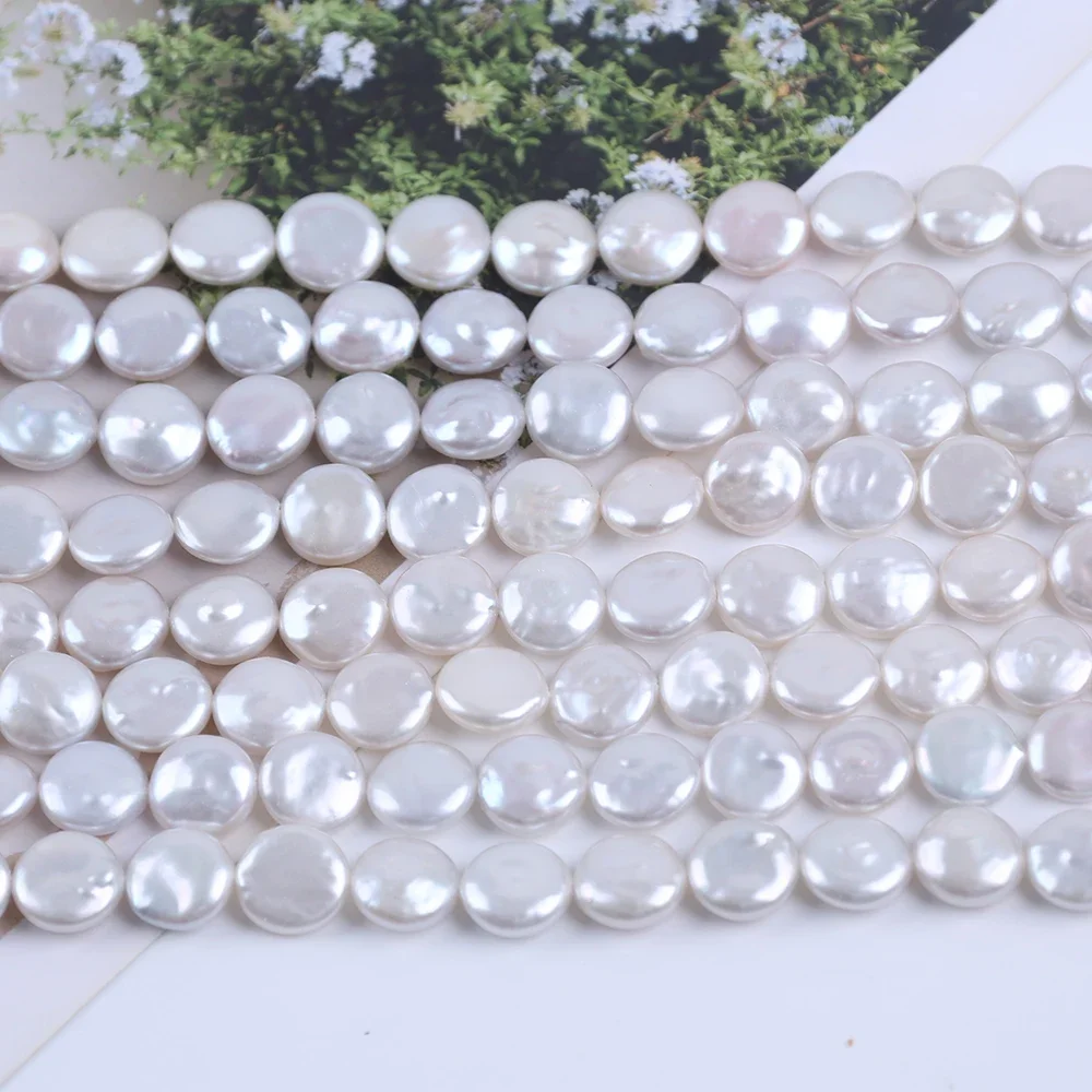 11-12mm white coin shape cultured freshwater pearl strands for jewelry making